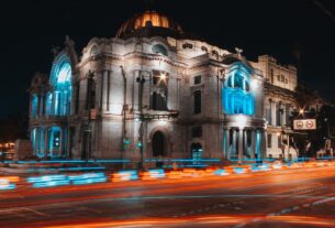 illuminated palace of fine arts at night in mexico