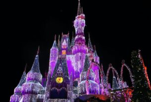 pink white and purple light up disneyland castle